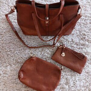 Aillosa Trio Hand Purse Cross Body Tote Bag Women's Tan PU Leather Purse Lot 3
